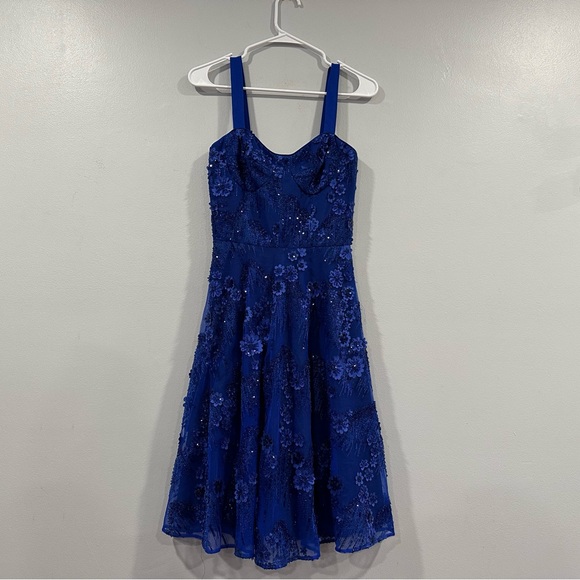 Dress the Population Adelina Sequin Fit Flare Dress Electric Blue XXS - Picture 2 of 7